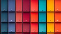 Colorful geometric pattern of square panels in vibrant colors with metal rivets creating modern minimalist design. Abstract architectural detail for contemporary backgrounds.