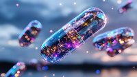 Glowing transparent capsules with colorful sparkles and magical lights floating in dreamy blue sky, medical science concept for pharmaceutical and healthcare design.