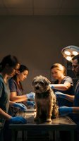 Veterinary team examining small terrier dog on surgical table under operating room lights during medical consultation and health checkup procedure.