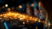 Young blonde woman in profile view with magical glowing sparkles and bokeh lights creating dreamy atmospheric effect against dark background.