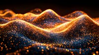 Glowing orange and blue particles form abstract waves against dark background, creating dynamic flowing motion with sparkle effect and depth.