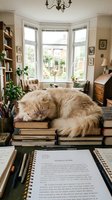 Long-haired ginger cat sleeping on stack of books at desk in bright study room with bay windows, bookshelves, and natural light for home office and pet lifestyle content.