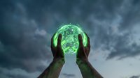 Hands holding glowing green digital sphere with network connections against dramatic cloudy sky representing technology innovation and global connectivity.