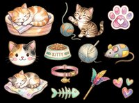 Cute cat sticker set isolated on transparent background, featuring kittens, paw print, yarn, collar, toys and hearts, ready for clipart, t-shirt design and print on demand.