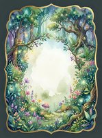 Enchanted forest frame with magical trees, flowers and glowing lights creating mystical woodland border for fairy tale designs and fantasy storytelling.