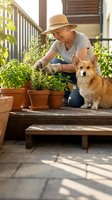 Senior woman in straw hat gardening with herbs in terracotta pots on wooden deck while orange corgi dog sits nearby on sunny morning at home patio.