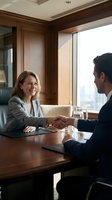 Professional businesswoman and businessman shaking hands across conference table in modern office meeting room with city view windows.