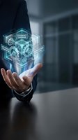 Businessman holding glowing holographic cube with governance framework and organizational structure icons for corporate management and digital transformation concepts.