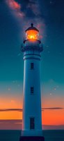 Illuminated lighthouse tower against dramatic sunset sky with glowing orange beacon and magical sparkles. Dreamy maritime scene with starry night atmosphere.