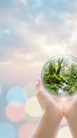 Hands holding transparent sphere with miniature forest ecosystem featuring moss, ferns and stream against dreamy pastel sky for environmental concepts.
