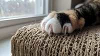 Cat paw with extended claws resting on knitted blanket by window. Close-up detail of feline foot showing natural scratching behavior in cozy home interior.