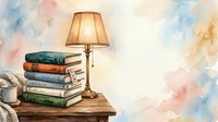 Stacked vintage books with warm lamp on wooden table against watercolor background, isolated for design use.