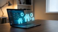 Smart home automation interface on laptop screen displaying house icons and control panels in modern office workspace for IoT technology management.