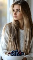 Young Caucasian woman with long blonde hair wearing white knit sweater gazing thoughtfully through window while holding bowl of fresh berries for healthy breakfast.