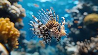 Majestic lionfish swimming in blue coral reef waters, displaying vibrant striped pattern and venomous spines against underwater marine background.