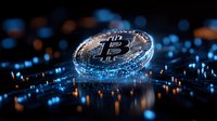 Glowing cryptocurrency coin with blue light effects on dark background, digital money concept with bokeh reflections and dramatic lighting.