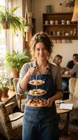 Female barista or pastry chef with dark hair in casual updo, wearing denim apron and cardigan, holding tiered stand with baked goods and pastries in cozy cafe setting with plants and wooden shelves.
