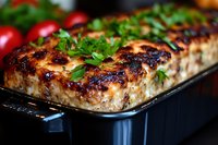 Grilled salmon fillet with charred crispy skin, garnished with fresh parsley and cherry tomatoes, served on black baking dish. Close up view of moist flaky texture.