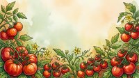 Ripe red tomatoes with green foliage arranged on watercolor background, suitable for culinary, gardening, and food packaging design projects.