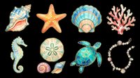 Colorful ocean clipart set with seashells, starfish, sea turtle, seahorse, coral, and pearl bracelet, isolated on transparent background, ready for t-shirt design and print on demand.