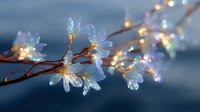 Delicate frost crystals form intricate flower patterns on winter branches, illuminated by warm bokeh lights creating magical seasonal atmosphere.