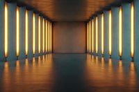 Modern minimalist interior corridor with glowing vertical light panels creating warm ambient atmosphere for contemporary architectural design projects.