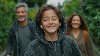 Happy mixed-race girl with curly hair wearing gray hoodie and earphones smiling outdoors with diverse parents in blurred background during family time.