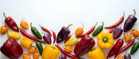 Assorted fresh peppers including red, yellow, orange and green varieties arranged on white background for culinary and food styling projects.