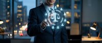 Professional businessman in dark suit touching glowing digital justice scale interface with legal icons in modern office environment at night.