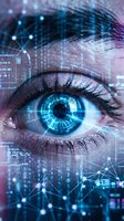 Futuristic digital eye with glowing blue iris surrounded by holographic data networks and binary code overlays for technology and AI concepts.
