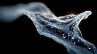 Ethereal flowing smoke with glowing particles creates mystical atmosphere against dark background, abstract design element for creative projects.