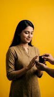 Young South Asian woman receiving small gift box from another person against bright yellow background for celebration and surprise concepts.