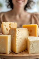 Various chunks and wedges of artisanal cheese arranged on wooden board, showing different textures and shades of yellow, with soft focus background creating appetizing composition.