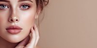 Young woman with natural makeup, full lips, and blue eyes touching face against neutral beige background, showcasing flawless skin and modern beauty aesthetic.