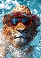 Lion wearing straw hat and sunglasses relaxing in blue pool water with bokeh light effects, summer vacation concept for social media and advertising.