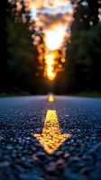 Sunset reflection on wet asphalt road with yellow line marking creating golden bokeh effect. Close up view at ground level shows textured surface and dreamy atmosphere.