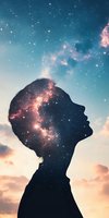 Silhouette of woman profile filled with cosmic nebula and stars against dreamy sunset sky, double exposure effect creating surreal spiritual atmosphere.