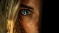 Close up portrait of bright blue eye with dramatic lighting and golden hair strands falling across face, creating mysterious and artistic mood for beauty and fashion projects.