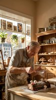 Senior male baker decorating chocolate log cake with berries in traditional bakery kitchen with wooden shelves and vintage posters.