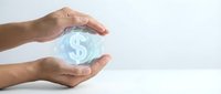 Male hands with medium skin tone holding glowing dollar symbol, representing financial protection, wealth management, savings, investment security, and money care concepts for business applications.