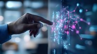 Male hand pointing at glowing purple digital network visualization with connected nodes and data streams floating in modern office space. Technology concept.