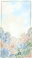Ornate floral border frame with watercolor wash background in soft pastels. Isolated design element featuring decorative mandala-style flowers in blue, pink, green and gold tones. Ready for invitations, cards and stationery projects.