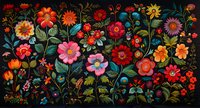 Vibrant folk art floral pattern with colorful wildflowers, daisies and leaves on black background. Decorative botanical composition in traditional style with bright blooms.