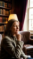 Thoughtful mature Caucasian woman in cozy sweater sitting in elegant library with leather chair, bookshelves and warm lamp light creating contemplative atmosphere.