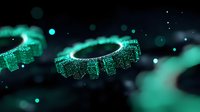 Glowing turquoise mechanical gears with digital circuit patterns floating in dark space with bokeh light effects, representing future technology and automation.