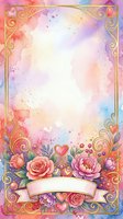 Watercolor floral frame with ornate gold scrollwork, hearts, and roses in pink, coral, and purple tones. Blank center space with soft pastel splashes ideal for greeting cards, invitations, and romantic designs.