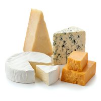 Assorted cheese varieties including aged cheddar, creamy brie, blue cheese and hard parmesan wedges isolated on white background for food and culinary design use.
