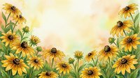 Watercolor yellow rudbeckia flowers border frame with green leaves on soft background for greeting cards, invitations and botanical designs.