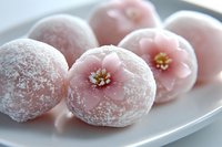 Pink mochi desserts dusted with powdered sugar and decorated with delicate cherry blossoms on white plate, traditional Japanese sweet confection.