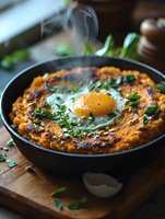 Steaming sweet potato hash with sunny side up egg in cast iron skillet, garnished with fresh herbs and black pepper, served on wooden board for breakfast.
